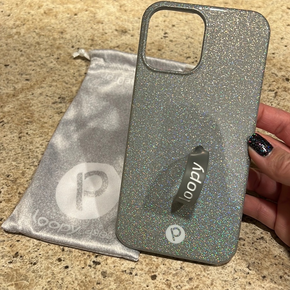 Loopy case for iPhone 12 Pro Max LEFTY in Silver Sparkle.